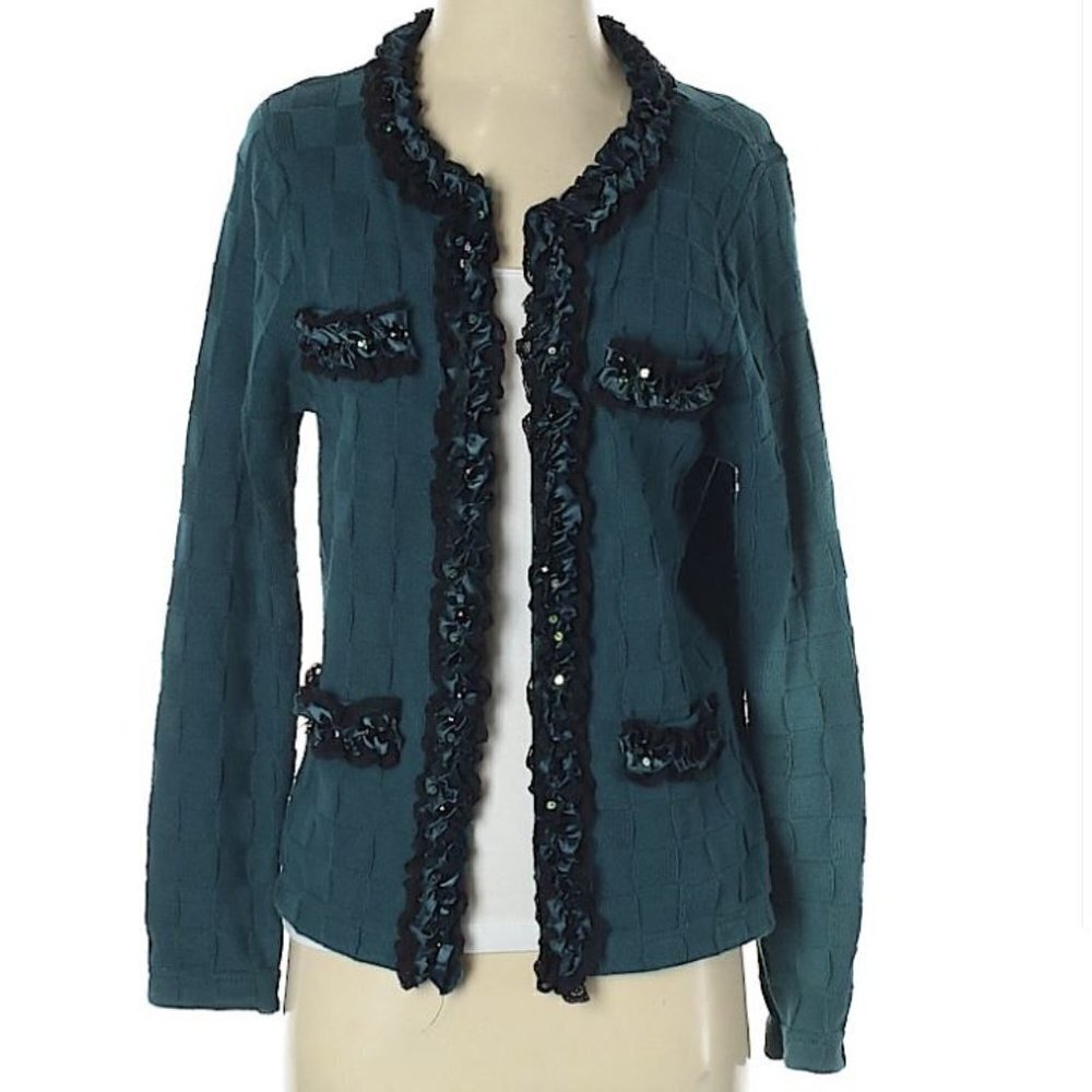 New Michael Simon 3d Check Pattern Beaded Cardigan - image 1